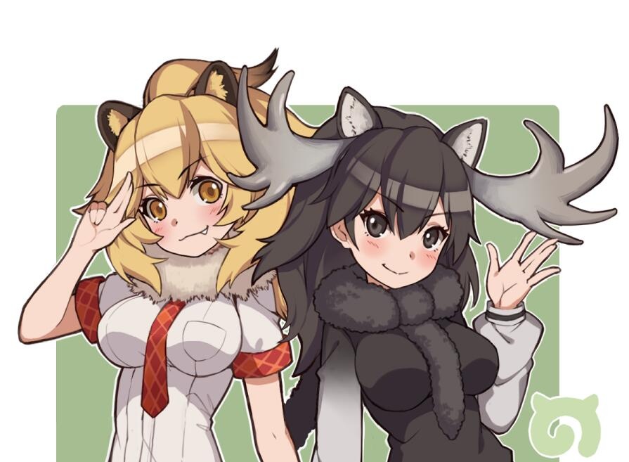 animal_ears argyle_neckwear blonde_hair breast_pocket breasts brown_eyes brown_hair closed_mouth fang_out fur_collar gradient_clothes hand_up impossible_clothes impossible_shirt kemono_friends kugi_ta_hori_taira large_breasts lion_(kemono_friends) lion_ears long_hair long_sleeves looking_at_viewer moose_(kemono_friends) multiple_girls necktie outline pocket puffy_long_sleeves puffy_sleeves red_neckwear salute shirt short_sleeves smile tareme two-finger_salute two-tone_background upper_body v-shaped_eyebrows waving white_outline white_shirt