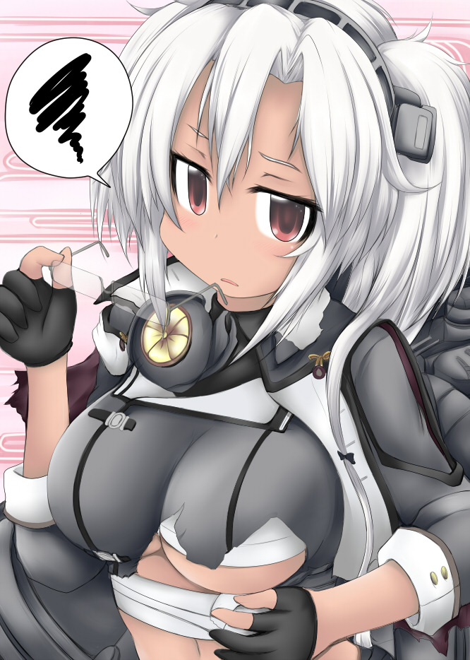 announcement_celebration blush breasts commentary_request damaged eyewear_removed fingerless_gloves frown glasses gloves headgear kantai_collection large_breasts musashi_(kantai_collection) ouno_(nounai_disintegration) red_eyes remodel_(kantai_collection) sarashi short_hair solo spoken_squiggle squiggle underboob white_hair