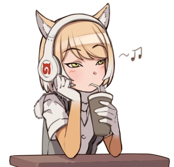 bangs beamed_eighth_notes blonde_hair blush cup drinking drinking_straw elbow_gloves expressionless eyebrows_visible_through_hair fur_collar gloves gradient_hair green_eyes grey_vest hand_on_own_cheek headphones holding holding_cup japari_symbol kemono_friends kugi_ta_hori_taira multicolored_hair musical_note open_clothes open_vest shirt short_hair short_sleeves simple_background solo swept_bangs table tibetan_sand_fox_(kemono_friends) tsurime upper_body vest white_background white_hair white_shirt