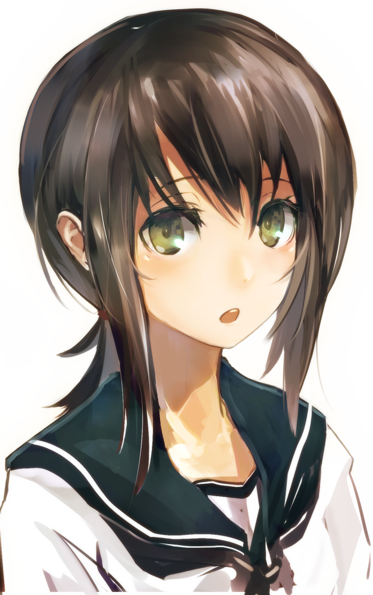 brown_hair cruel_gz fubuki_(kantai_collection) green_eyes hair_between_eyes kantai_collection looking_at_viewer low_ponytail open_mouth school_uniform sidelocks simple_background solo upper_body white_background