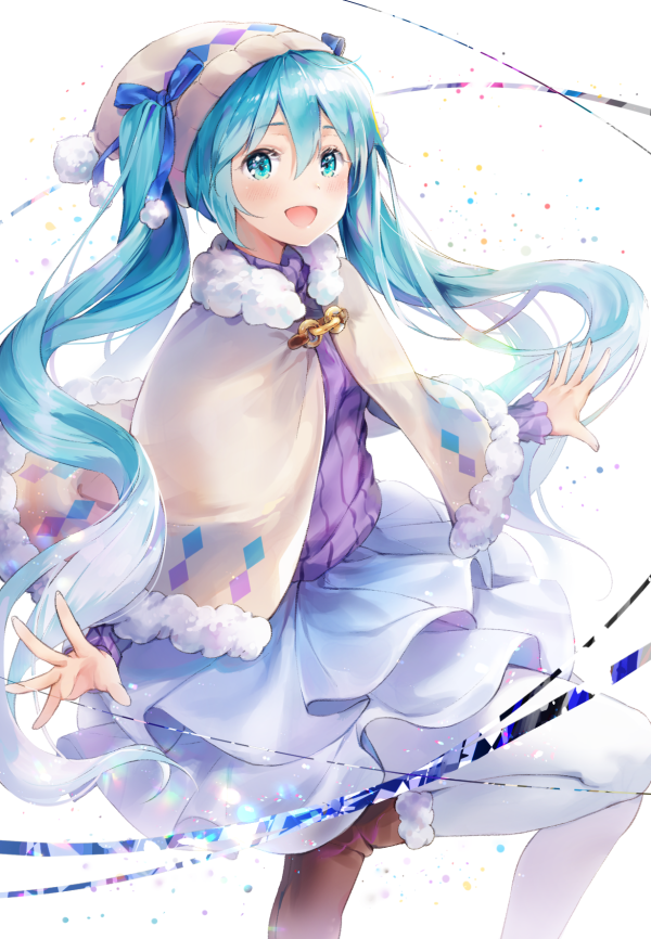 :d alternate_color blue_eyes blue_hair blue_skirt blush brown_footwear capelet cherim diamond_(shape) floating_hair hair_between_eyes hat hatsune_miku layered_skirt leg_up long_hair looking_at_viewer open_mouth outstretched_arms pantyhose purple_sweater skirt smile solo sweater taito_four_seasons_figure_(vocaloid) twintails very_long_hair vocaloid white_background white_legwear winter_clothes