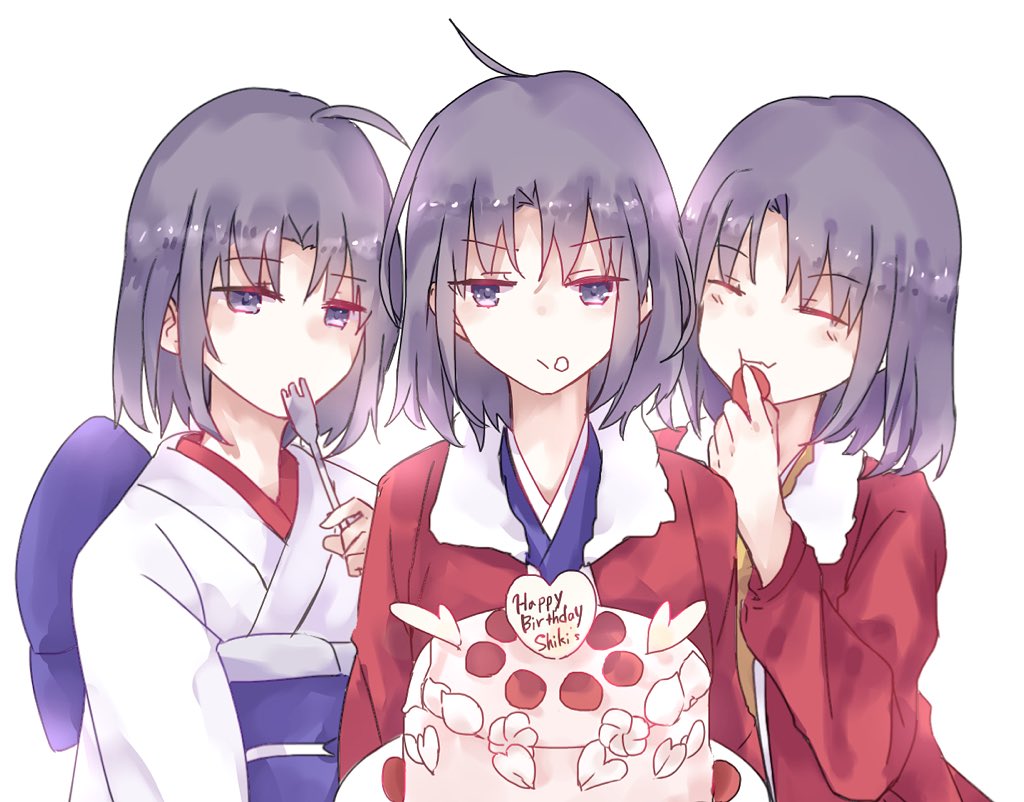 2girls ahoge birthday_cake black_hair blush cake closed_eyes commentary_request eating food food_on_face fork fruit fur_trim grey_eyes happy_birthday holding holding_fork jacket japanese_clothes kara_no_kyoukai kimono long_sleeves matecharon multiple_girls multiple_persona obi red_jacket ryougi_shiki sash short_hair strawberry upper_body white_background