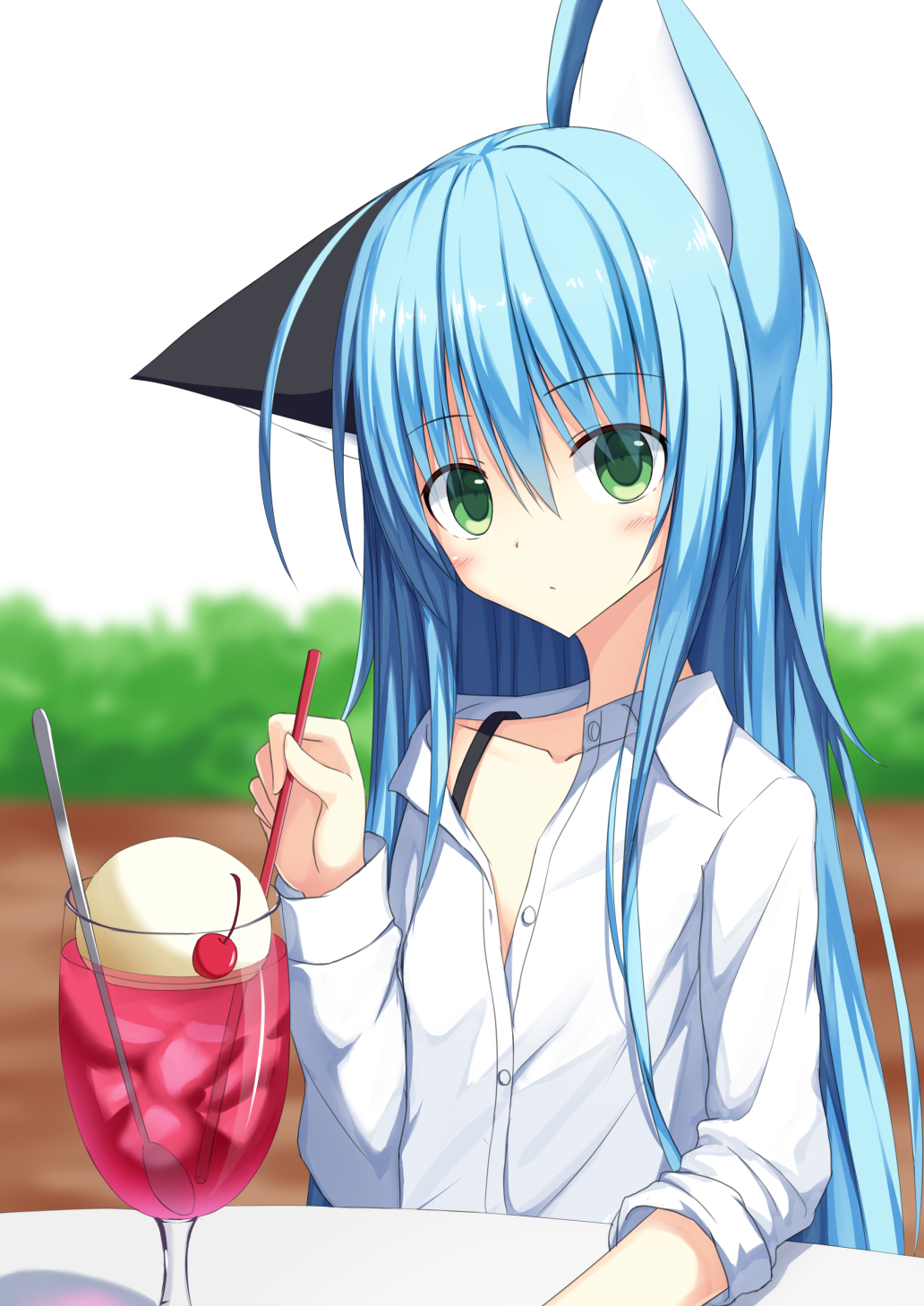 animal_ears blue_hair cat_ears cherry closed_mouth commentary_request cup drinking_glass drinking_straw eyebrows_visible_through_hair food fruit green_eyes highres holding ice ice_cream ice_cream_float kurimu_(crim_soda) long_hair looking_at_viewer original shirt soda solo spoon tail white_shirt wine_glass