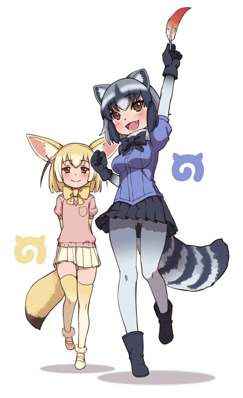 :d animal_ears ankle_boots arm_up arms_behind_back ass_visible_through_thighs bangs black_bow black_footwear black_gloves black_hair blue_shirt blush boots bow bowtie breast_pocket breasts closed_mouth common_raccoon_(kemono_friends) eyebrows_visible_through_hair fang feathers fennec_(kemono_friends) fox_ears fox_tail fur-trimmed_footwear fur_collar gloves gradient_clothes grey_legwear highres holding_feather japari_symbol kemono_friends kugi_ta_hori_taira layered_sleeves leg_up mary_janes medium_breasts miniskirt multiple_girls open_mouth pantyhose pink_sweater pleated_skirt pocket puffy_short_sleeves puffy_sleeves raccoon_ears raccoon_tail shirt shoes short_hair short_sleeves silver_hair simple_background skirt smile standing standing_on_one_leg sweater tail thigh_gap thighhighs white_background white_hair white_skirt yellow_bow yellow_footwear yellow_neckwear zettai_ryouiki