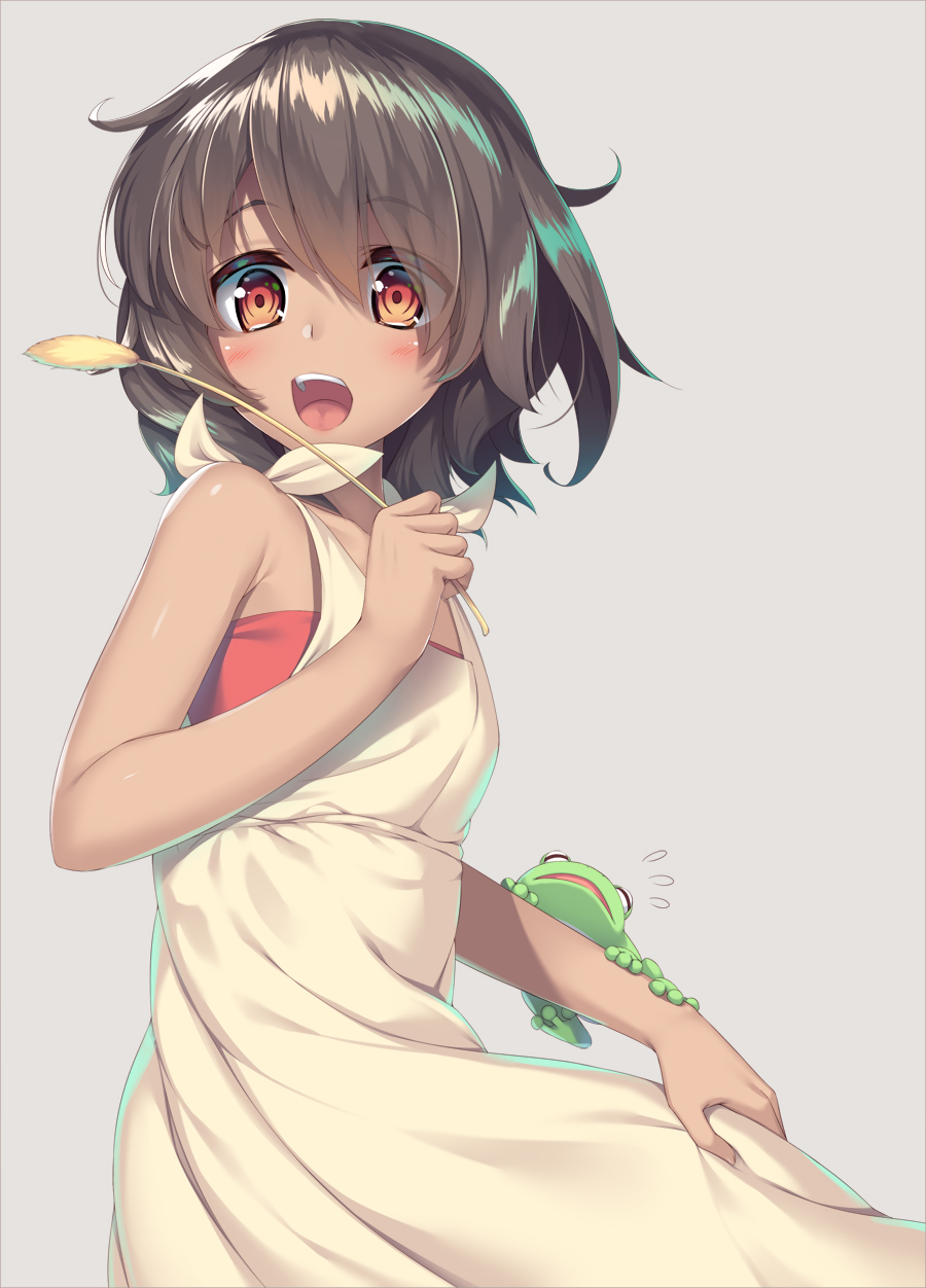 :d animal bangs bare_arms bare_shoulders blush dark_skin dress eyebrows_visible_through_hair eyes_visible_through_hair flat_chest flying_sweatdrops frog from_side grey_background highres holding looking_at_viewer looking_to_the_side olive_(laai) open_mouth seiran_(uchouten_kazoku) shimogamo_yajirou shiny shiny_hair short_hair simple_background skirt_hold sleeveless sleeveless_dress smile solo uchouten_kazoku upper_body upper_teeth wheat white_dress