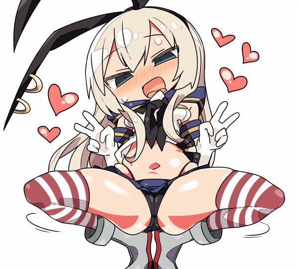 :d bangs black_hairband black_neckwear black_panties black_ribbon blue_skirt blush boots commentary_request crop_top double_v elbow_gloves eyebrows_visible_through_hair gloves green_eyes grey_footwear hair_between_eyes hair_ribbon hairband heart kanikama kantai_collection light_brown_hair long_hair looking_at_viewer miniskirt navel neckerchief nose_blush open_mouth panties pleated_skirt ribbon school_uniform serafuku shimakaze_(kantai_collection) shirt skirt sleeveless sleeveless_shirt smile solo squatting striped striped_legwear swimsuit thighhighs tongue tongue_out underwear v very_long_hair white_gloves white_shirt
