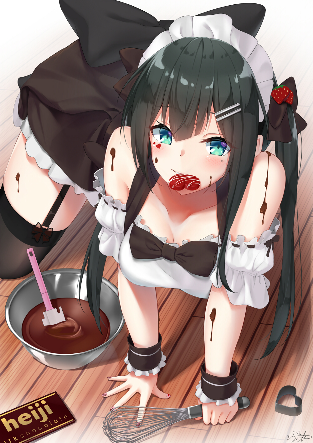 all_fours bangs bare_shoulders black_dress black_legwear blush chocolate collarbone commentary_request dress garter_straps hair_ornament hairclip headdress highres looking_at_viewer maid maid_headdress mirea mole mole_under_eye mouth_hold one_side_up original solo spill thighhighs valentine whisk wooden_floor wrist_cuffs