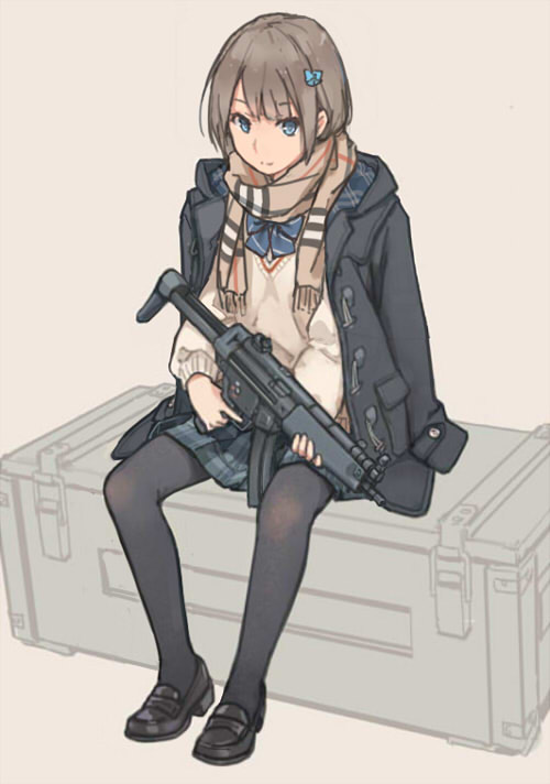 blue_eyes brown_hair crate gun h&amp;k_mp5 heckler_&amp;_koch holding holding_gun holding_weapon jacket_on_shoulders loafers original pantyhose plaid plaid_skirt scarf school_uniform shoes simple_background sitting skirt solo submachine_gun trigger_discipline weapon xiao_qiang_(overseas)