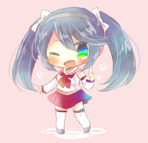 ;d bangs blue_eyes blue_hair blush chibi detached_sleeves eyebrows_visible_through_hair full_body green_eyes hair_between_eyes isuzu_(kantai_collection) kantai_collection kouu_hiyoyo long_hair long_sleeves looking_at_viewer lowres neckerchief one_eye_closed open_mouth pleated_skirt red_neckwear red_skirt sailor_collar school_uniform serafuku shirt skirt sleeveless sleeveless_shirt smile solo standing star thighhighs twintails very_long_hair white_legwear white_sailor_collar white_shirt zettai_ryouiki