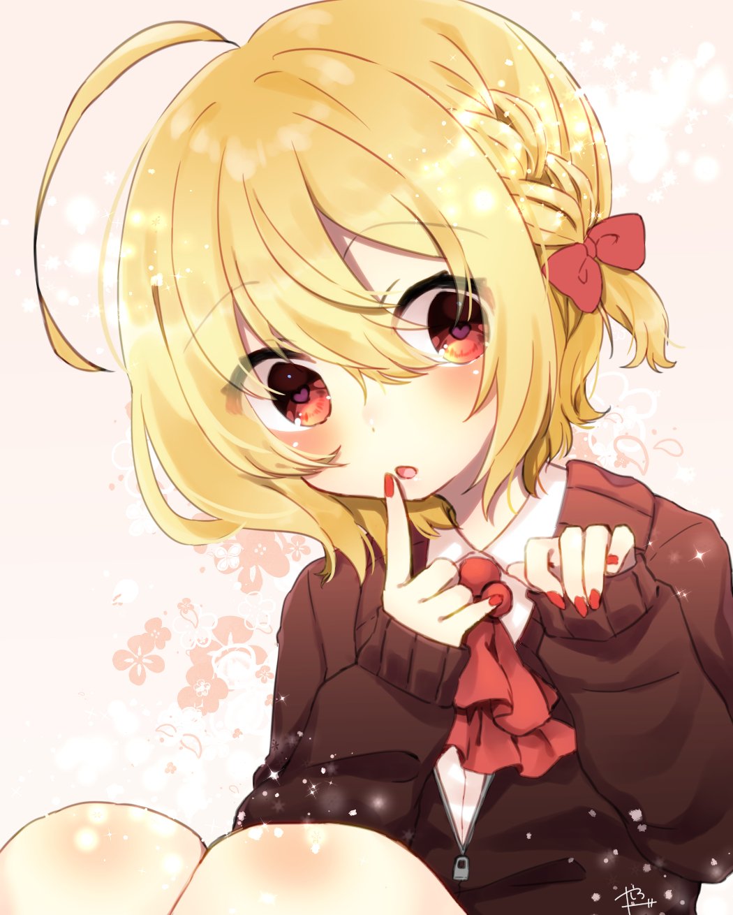 abe_suke ahoge alternate_costume ascot bangs blonde_hair bow braid brown_eyes commentary_request eyebrows_visible_through_hair finger_to_mouth floral_background hair_between_eyes hair_bow heart heart-shaped_pupils highres looking_at_viewer nail_polish open_mouth red_bow rumia short_hair signature solo symbol-shaped_pupils touhou zipper_pull_tab