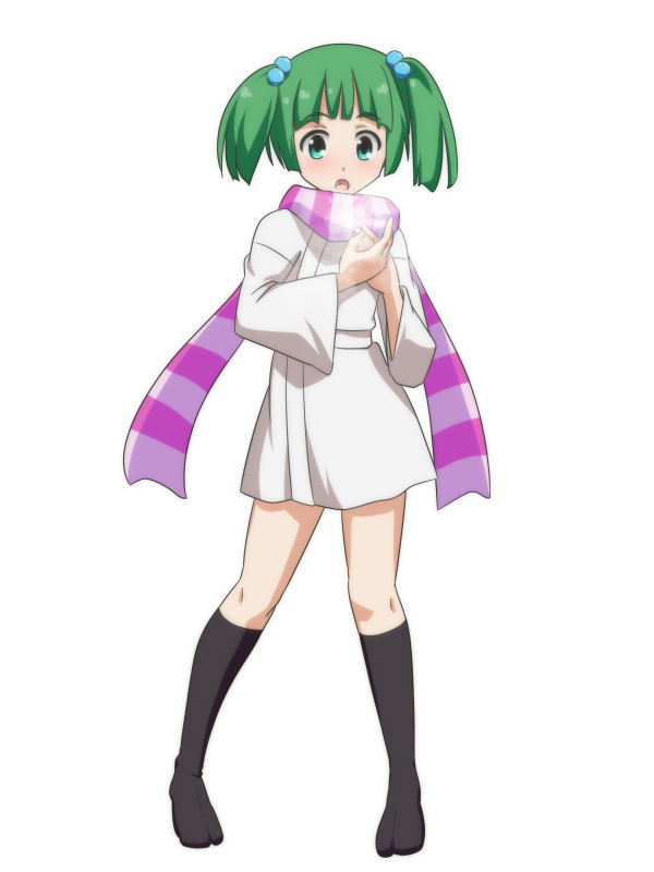 adapted_costume black_legwear breath breathing_on_hands cato_(monocatienus) commentary_request eyebrows_visible_through_hair full_body green_eyes green_hair hair_bobbles hair_ornament hands_together kisume kneehighs looking_at_viewer no_shoes open_mouth scarf short_hair simple_background solo standing striped striped_scarf touhou twintails white_background wide_sleeves
