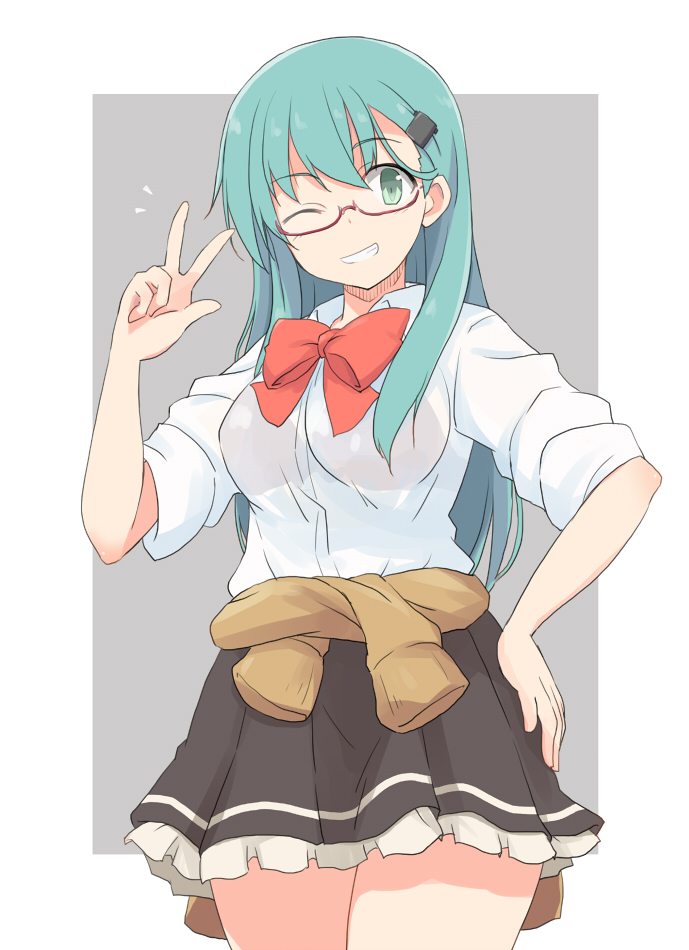 aqua_hair bespectacled border breasts brown_skirt clothes_around_waist collared_shirt frilled_skirt frills glasses green_eyes grey_background grin hair_ornament hairclip hand_on_hip jacket_around_waist kantai_collection kugui_kiyunemu long_hair looking_at_viewer medium_breasts one_eye_closed outside_border pleated_skirt red_neckwear remodel_(kantai_collection) shirt simple_background skirt smile solo striped striped_skirt suzuya_(kantai_collection) v white_border white_shirt