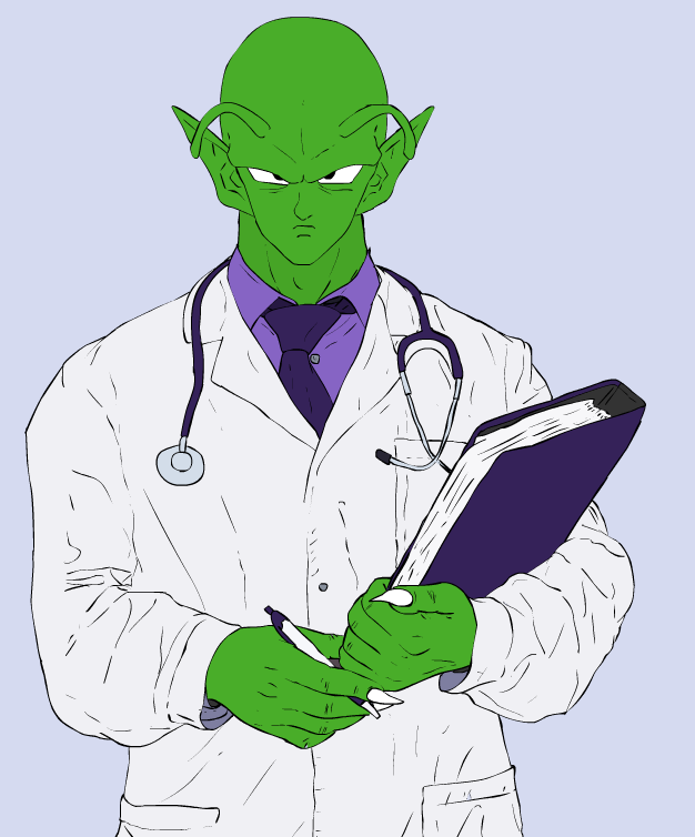 5_fingers alien antennae book daily_dose digital_media_(artwork) doctor dragon_ball green_skin humanoid lips looking_at_viewer male namekian necktie not_furry pen piccolo pointy_ears simple_background solo source_request unknown_artist