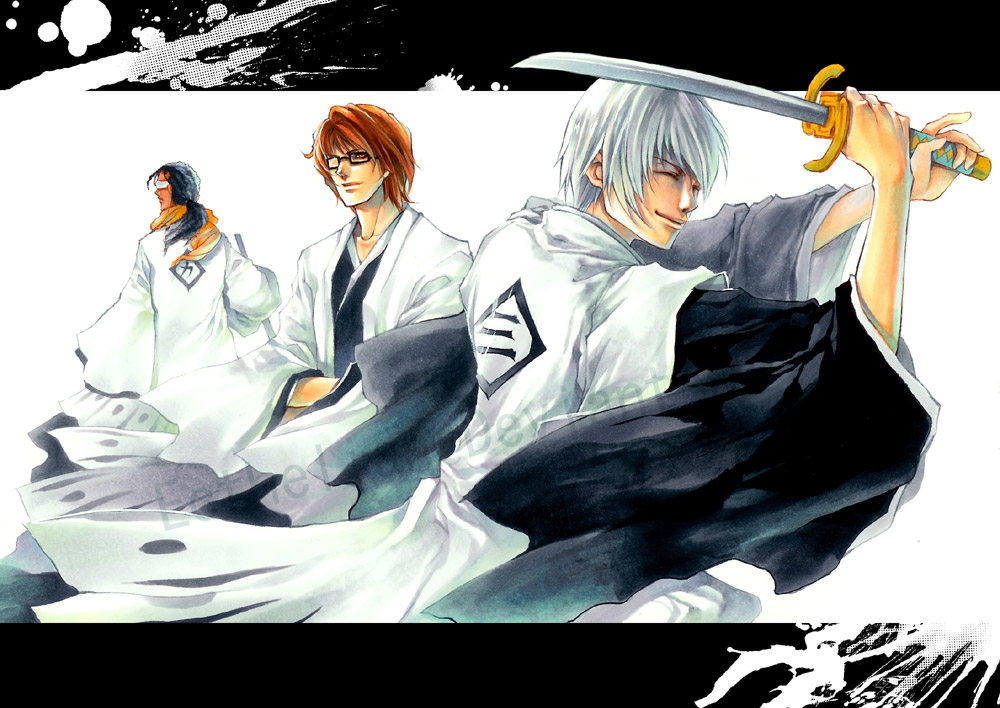 aizen_sousuke black_hair bleach brown_eyes brown_hair closed_eyes ecthelian glasses haori ichimaru_gin japanese_clothes letterboxed long_hair multiple_boys smile sword taichou_haori tousen_kaname weapon