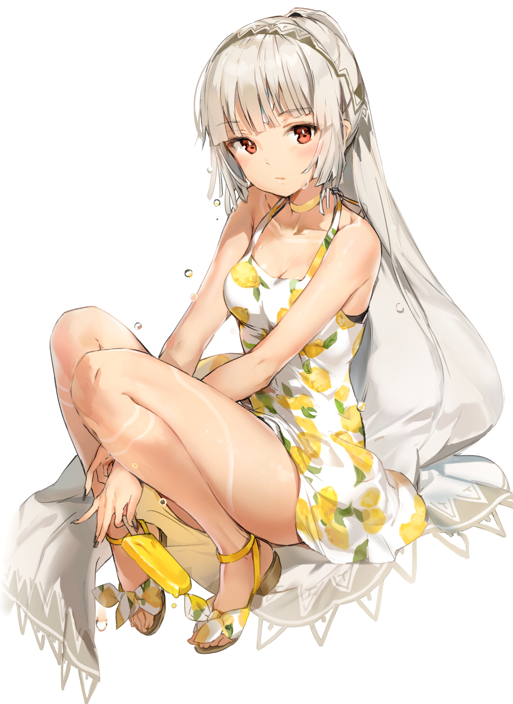 altera_(fate) alternate_costume alternate_hairstyle anmi bare_legs breasts choker fate/extella fate/extra fate_(series) food full_body grey_hair hairband highres holding ice_cream long_hair looking_at_viewer sandals simple_background sitting sleeveless small_breasts solo squatting sweat white_background white_hair