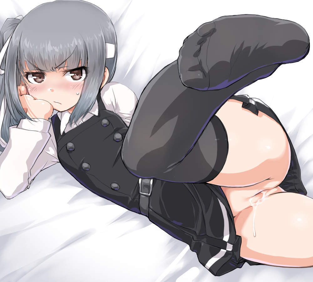 &gt;:/ &gt;:\ 10s 1girl :/ aftersex belt black_legwear blush brown_eyes chin_rest couch cum dated dd_(ijigendd) dress edit feet foreshortening grey_hair hand_on_own_cheek headband kantai_collection kasumi_(kantai_collection) leg_up lying no_shoes nude_filter on_couch on_side pantyshot pantyshot_(lying) photoshop pinafore_dress pussy remodel_(kantai_collection) scowl solo thighhighs thighs uncensored zettai_ryouiki