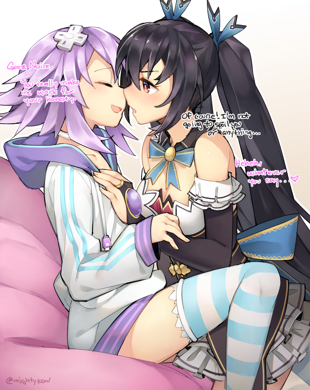 bare_shoulders between_legs black_hair blue_ribbon blush breasts choker cleavage closed_eyes commentary d-pad d-pad_hair_ornament detached_collar detached_sleeves english gebyy-terar hair_ornament hair_ribbon hand_on_another's_chest highres hood hooded_jacket imminent_kiss jacket long_hair medium_breasts multiple_girls neptune_(choujigen_game_neptune) neptune_(series) noire open_mouth purple_hair red_eyes ribbon ribbon-trimmed_skirt ribbon_trim short_hair skirt small_breasts striped striped_legwear thighhighs tsundere twintails twitter_username very_long_hair white_choker white_skirt yuri