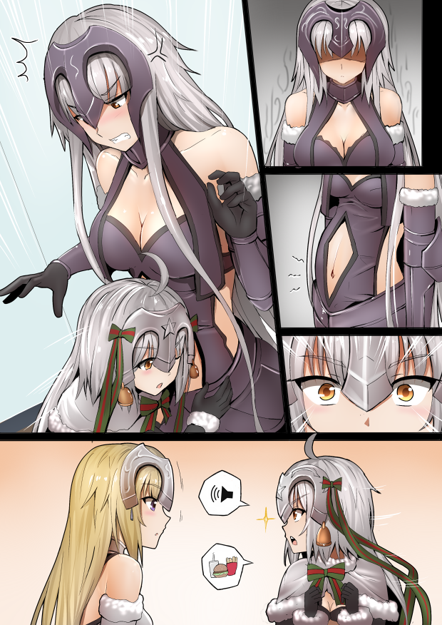 ahoge anger_vein bare_shoulders bell black_gloves blonde_hair blush breasts brown_eyes cleavage clenched_hands clenched_teeth comic commentary fate/apocrypha fate/grand_order fate_(series) food french_fries ginhaha gloves hair_between_eyes hamburger hand_on_another's_stomach head_on_another's_stomach headpiece hungry jeanne_d'arc_(alter)_(fate) jeanne_d'arc_(fate) jeanne_d'arc_(fate)_(all) jeanne_d'arc_alter_santa_lily long_hair multiple_girls multiple_persona navel open_mouth pregnant short_hair silent_comic silver_hair speed_lines stomach_growling teeth yellow_eyes