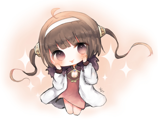 :p ahoge azur_lane bad_id bad_pixiv_id bangs blush breasts brown_eyes brown_hair chibi cleavage cleavage_cutout closed_mouth cottontailtokki dress eyebrows_visible_through_hair full_body fur-trimmed_jacket fur_trim hair_ornament hairband hairpin head_tilt jacket long_hair long_sleeves looking_at_viewer open_clothes open_jacket ping_hai_(azur_lane) red_dress short_dress signature small_breasts smile solo sparkle tongue tongue_out twintails v-shaped_eyebrows very_long_hair white_hairband white_jacket