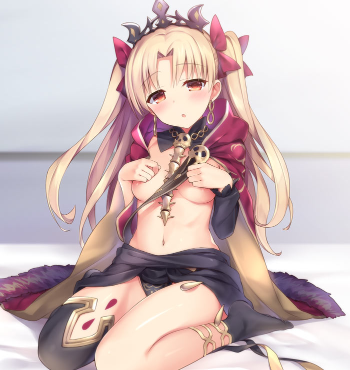 bangs bankoku_ayuya black_dress blonde_hair blush bow breasts cape commentary_request covering covering_breasts dress ereshkigal_(fate/grand_order) eyebrows_visible_through_hair fate/grand_order fate_(series) hair_bow half-closed_eyes long_hair looking_at_viewer mismatched_legwear navel nipples parted_bangs parted_lips pink_bow red_eyes single_thighhigh small_breasts solo thighhighs two_side_up