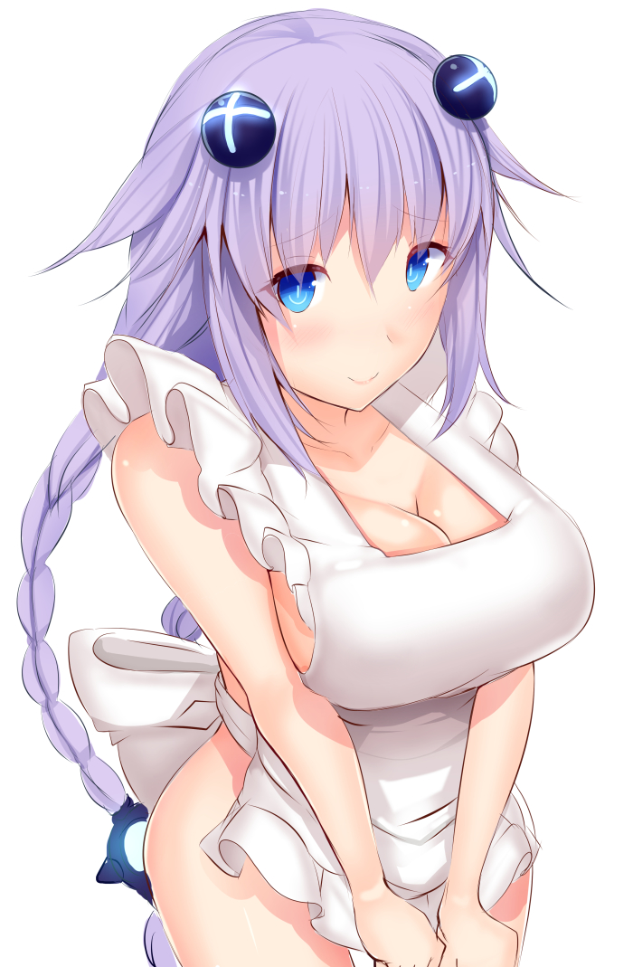 alternate_costume apron blue_eyes blush braid breasts cleavage cowboy_shot daiaru large_breasts long_hair looking_at_viewer naked_apron neptune_(series) power_symbol purple_hair purple_heart smile solo symbol-shaped_pupils twin_braids twintails very_long_hair white_apron