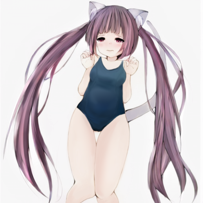 1girl animal_ears blue_swimsuit blush breasts cat_ears cat_tail female half-closed_eyes hands_up knees_together_feet_apart long_hair matthew_(yo_matthew) one-piece_swimsuit original pink_eyes purple_hair simple_background small_breasts solo swimsuit tail tied_hair twintails very_long_hair white_background