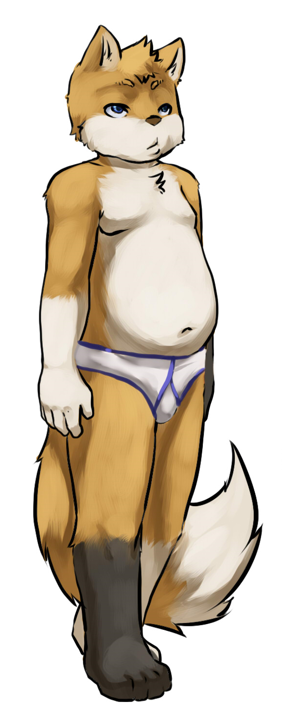 anthro aogami blue_eyes briefs brown_fur bulge canine clothing cub fox fur hi_res male mammal navel nipples orange_fur simple_background slightly_chubby solo standing teenager underwear white_fur young