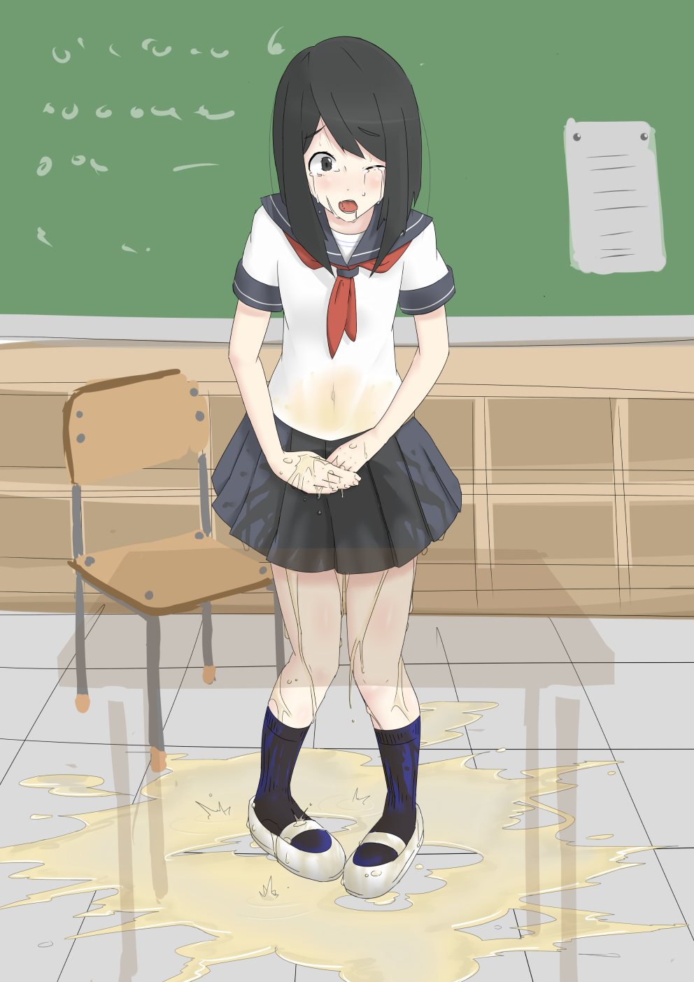 1girl black_eyes black_hair blackboard blue_legwear blue_sailor_collar blush chair classroom crying desk dokurohai drooling embarrassed eyebrows_visible_through_hair female full_body hands_together have_to_pee highres indoors kneehighs matching_hair/eyes navel neckerchief one_eye_closed open_mouth original paper peeing peeing_self pigeon-toed puddle red_neckwear sailor-collar saliva school_uniform see-through serafuku shirt shoes short_sleeves solo standing tears teeth uniform wet_clothes white_footwear white_shirt