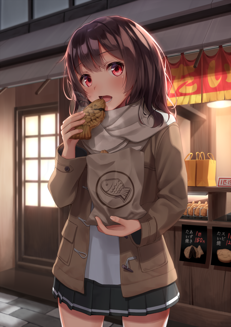bag black_hair brown_eyes commentary_request cowboy_shot eating food highres long_hair open_mouth original paper_bag pleated_skirt scarf skirt solo superpig taiyaki wagashi