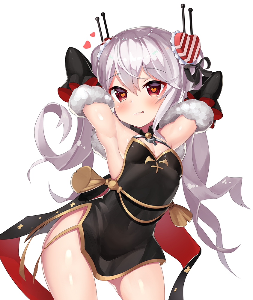 2drr :q armpits arms_behind_head arms_up azur_lane bangs black_dress black_ribbon blush breasts china_dress chinese_clothes cleavage collared_dress contrapposto covered_navel cowboy_shot detached_sleeves dress eyebrows_visible_through_hair flipped_hair floral_print fur-trimmed_sleeves fur_trim hair_between_eyes hair_ornament hair_ribbon hair_stick heart heart-shaped_pupils long_hair looking_at_viewer nose_blush red_eyes ribbon shiny shiny_hair shiny_skin short_dress silver_hair simple_background sleeveless sleeveless_dress small_breasts solo standing striped symbol-shaped_pupils tassel tongue tongue_out tsurime twintails vampire_(azur_lane) white_background wing_collar