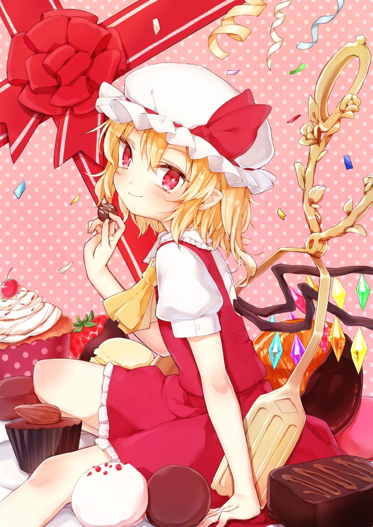 ascot blonde_hair bow cherry chocolate chocolate_covered commentary_request cupcake dress flandre_scarlet food frilled_shirt_collar frills fruit hair_between_eyes hat hat_bow holding holding_chocolate holding_food honotai looking_at_viewer mob_cap nut_(food) petticoat pink_background pointy_ears polka_dot polka_dot_background puffy_short_sleeves puffy_sleeves red_bow red_dress red_eyes red_ribbon ribbon short_dress short_hair short_sleeves side_ponytail sitting solo sprinkles strawberry streamers tongs touhou valentine wings yellow_neckwear