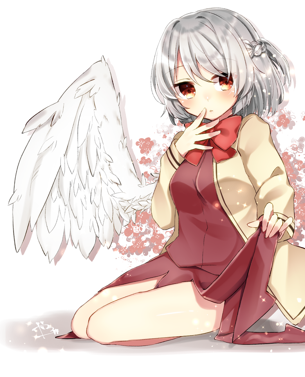 abe_suke bangs bow bowtie braid brown_eyes dress dress_lift eyebrows_visible_through_hair feathered_wings french_braid hair_intakes hand_up highres jacket kishin_sagume lifted_by_self long_sleeves looking_at_viewer open_clothes open_jacket parted_lips red_neckwear short_hair silver_hair single_wing sitting solo sparkle touhou white_wings wings yellow_jacket