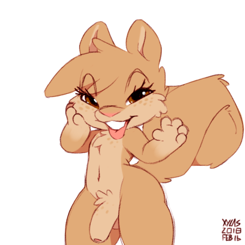 2018 5_fingers anthro bedroom_eyes brown_eyes buckteeth digital_media_(artwork) eyelashes flaccid freckles girly hair half-closed_eyes hand_on_cheek looking_at_viewer male mammal midriff navel nude penis rodent seductive signature simple_background squirrel teeth thick_thighs tongue tongue_out white_background wide_hips xylas