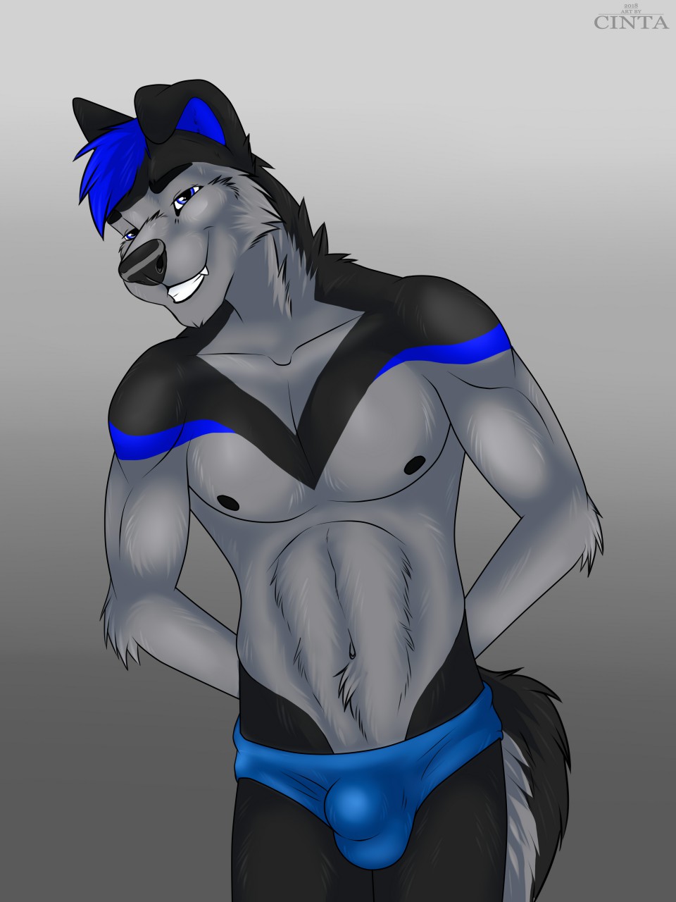 2018 anthro athletic black_fur black_hair black_nose blue_eyes blue_fur blue_hair bulge canine cinta clothing dog eyebrows fur grey_background grey_fur hair hands_behind_back looking_at_viewer male mammal markings multicolored_fur nipples pose simple_background smile solo standing teeth two_tone_fur underwear