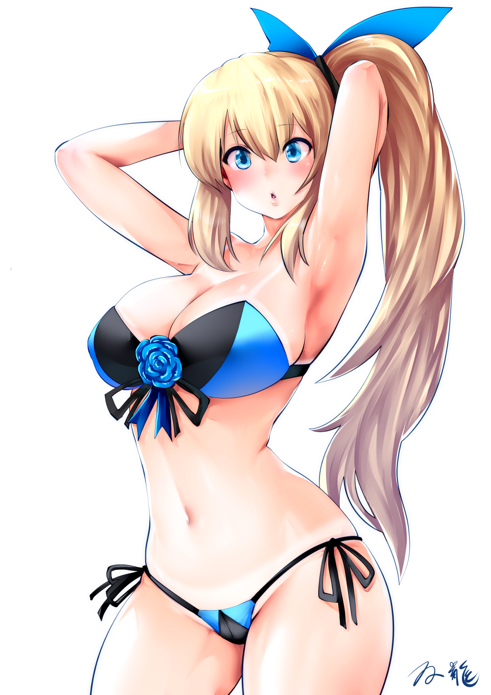 :o armpits arms_behind_head arms_up bandeau bangs bare_arms bare_legs bare_shoulders bikini bikini_tan black_ribbon blonde_hair blue_bikini blue_bow blue_eyes blue_flower blue_rose blush bow breasts cleavage collarbone commentary_request cowboy_shot eyebrows_visible_through_hair flower front-tie_top groin hair_bow hair_ornament hair_ribbon hair_tie highres large_breasts legs_apart long_hair looking_at_viewer mirai_akari mirai_akari_project navel open_mouth ribbon rose shiny shiny_skin side-tie_bikini side_ponytail sidelocks signature simple_background solo souryu standing stomach strapless strapless_bikini swimsuit tan tanline very_long_hair virtual_youtuber white_background