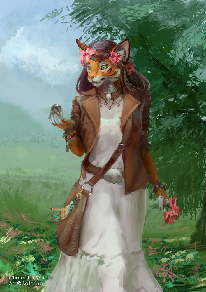 anthro belt cheek_tuft clothed clothing collar dress feline female flower grass green_eyes hair holding_object jacket looking_down mammal outside plant purse saterina sky solo standing tiger tree tuft