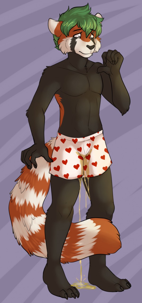 &lt;3 2015 4_toes 5_fingers abstract_background anthro black_fur black_nose boxers_(clothing) carnival-tricks clothed clothing digital_drawing_(artwork) digital_media_(artwork) fur green_hair hair hi_res male mammal markings multicolored_fur multicolored_tail omorashi pattern_background peeing red_fur red_panda simple_background solo standing striped_background striped_tail stripes toes topless underwear urine watersports wetting white_fur