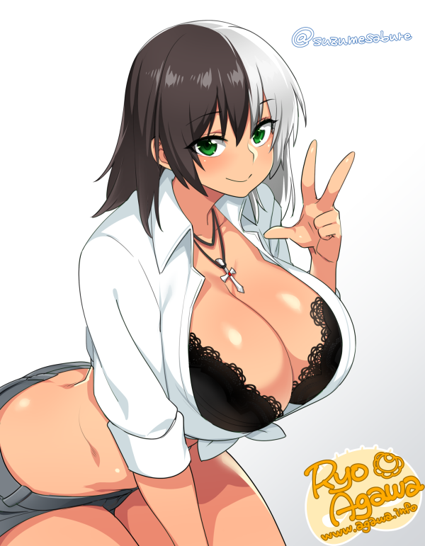 agawa_ryou artist_name black_bra black_hair borrowed_character bra breasts cleavage collarbone cross cross_necklace eyebrows eyebrows_visible_through_hair gradient gradient_background green_eyes grey_background huge_breasts jewelry lace lace_bra long_hair looking_at_viewer multicolored_hair necklace open_clothes open_shirt original shirt short_shorts shorts signature smile solo thighs tied_shirt twitter_username two-tone_hair underwear white_background white_hair