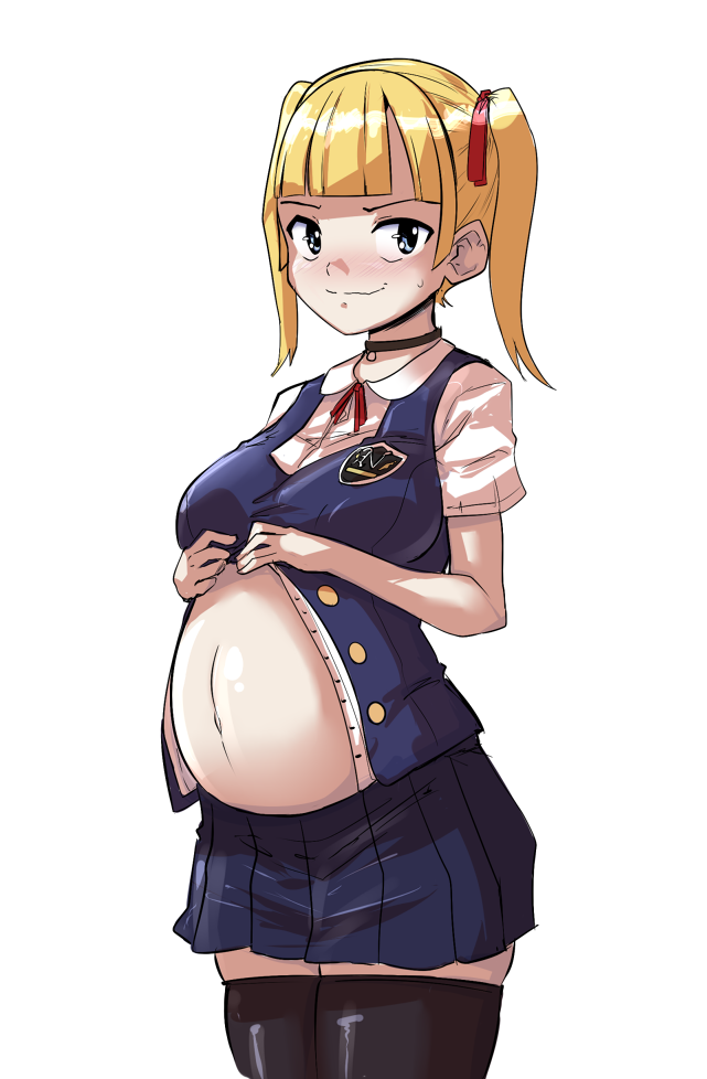 arisugawa_rina bichosan black_legwear blonde_hair blue_eyes borrowed_character choker embarrassed looking_at_viewer miniskirt original pleated_skirt pregnant school_uniform short_sleeves short_twintails skirt smile solo thick_thighs thighs twintails white_background