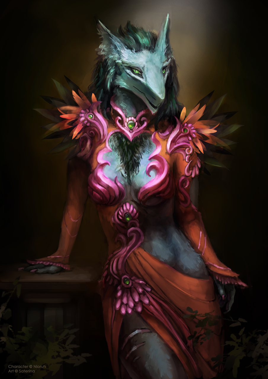 anthro blue_fur breasts chest_tuft clothed clothing colored_nails dress feathers female fur green_eyes green_mane inner_ear_fluff jewelry long_sleeves pedestal pink_nails plant saterina scantily_clad scar sergal slit_pupils solo standing tuft