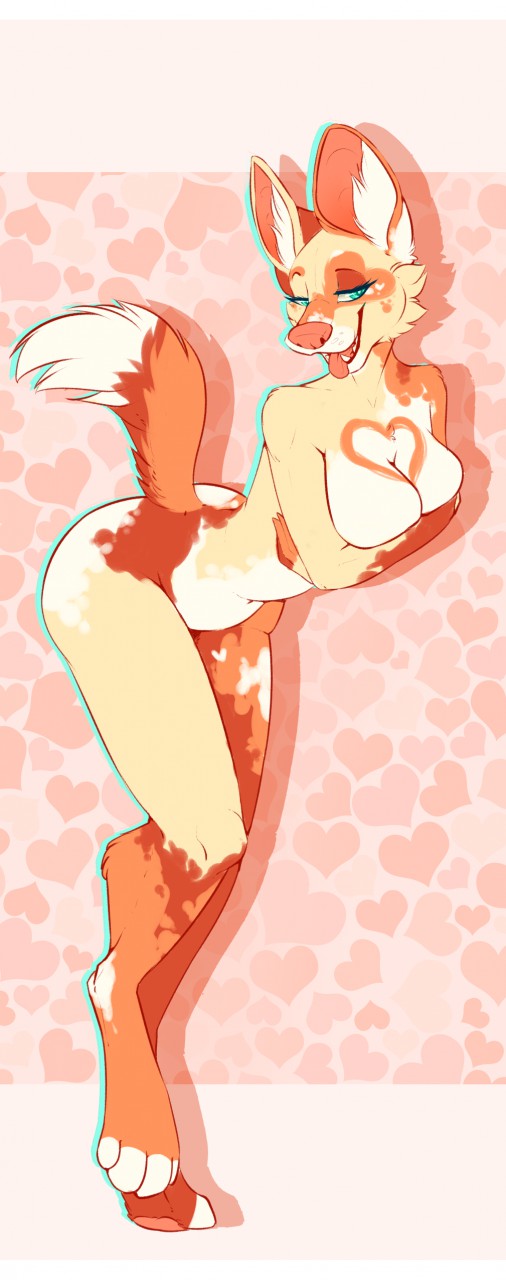 &lt;3 african_wild_dog anthro bedroom_eyes breasts canine cheek_tuft cleavage clothed clothing coffaefox digitigrade fangs female green_eyes half-closed_eyes inner_ear_fluff leaning leaning_forward mammal nude on_one_leg open_mouth pink_nose raised_tail seductive solo standing tongue tongue_out tuft