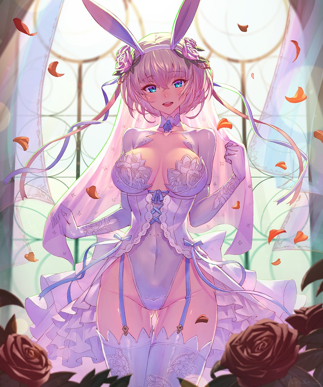 :d animal_ears ass_visible_through_thighs backlighting bangs blonde_hair blue_ribbon blurry blurry_foreground blush breasts bridal_veil bunny_ears choker cleavage collarbone curtains day depth_of_field elbow_gloves eyebrows_visible_through_hair fake_animal_ears floral_print flower frills garter_straps gloves groin hair_flower hair_ornament hairband highleg highleg_leotard highres indoors large_breasts leotard looking_at_viewer nadare-san_(nadare3nwm) nose_blush open_mouth original petals pink_flower pink_rose print_legwear red_flower red_rose ribbon rose rose_petals rose_print shiny shiny_hair short_hair smile solo standing thighhighs transparent veil waist_cape white_choker white_gloves white_hairband white_legwear white_leotard window
