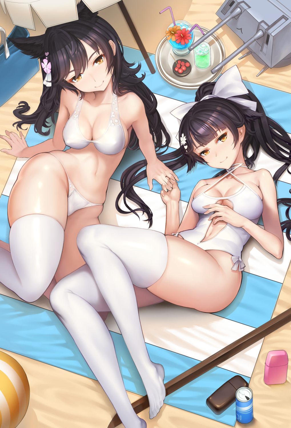 animal_ears arm_support atago_(azur_lane) azur_lane bag ball beach beach_towel beachball black_hair bow breasts can casual_one-piece_swimsuit cleavage criss-cross_halter drink from_above hair_bow hair_flaps halterneck highres looking_at_viewer lying machinery md5_mismatch medium_breasts mole mole_under_eye multiple_girls navel_cutout on_back one-piece_swimsuit orange_eyes ponytail qbase ribbon smile swimsuit takao_(azur_lane) thighhighs towel tray umbrella white_bow white_legwear white_ribbon white_swimsuit