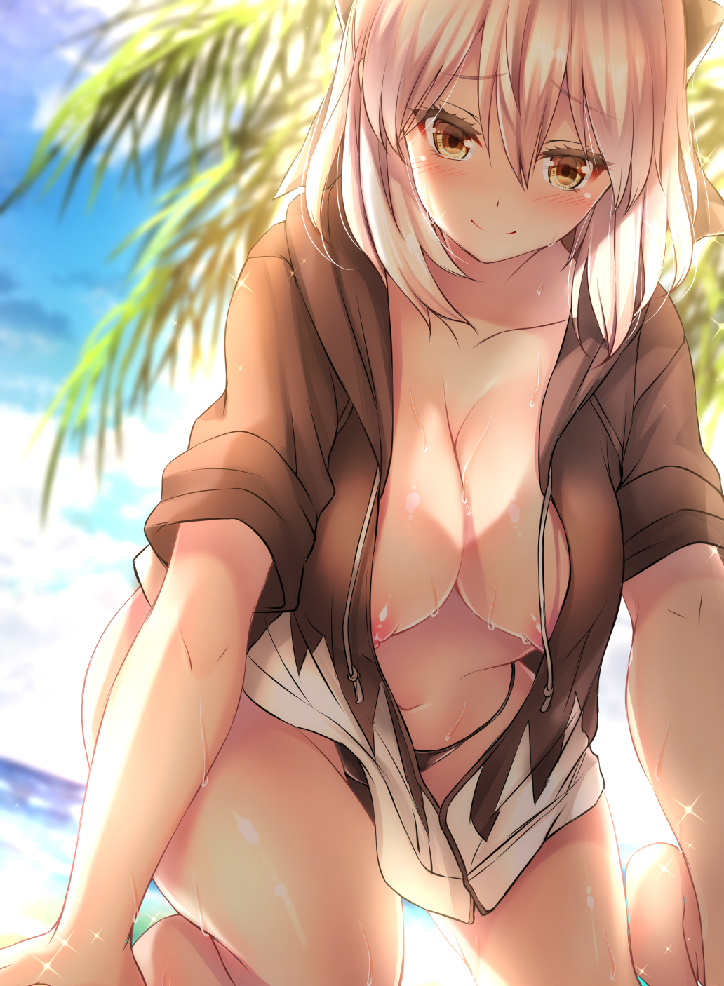 bikini_bottom black_bikini_bottom black_bow blush bow breasts commentary_request fate/grand_order fate_(series) hair_bow highres jacket kneeling large_breasts leaning_forward looking_at_viewer mia_(gute-nacht-07) nipples ocean okita_souji_(fate) okita_souji_(fate)_(all) open_clothes open_jacket pink_hair short_hair smile solo sparkle wet yellow_eyes