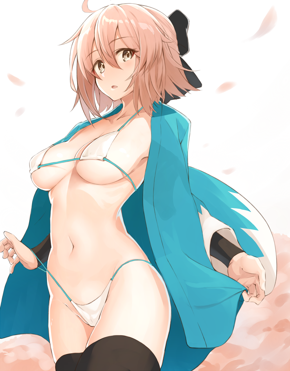 ahoge arched_back bangs bikini black_bow black_legwear bow breasts cleavage commentary_request cowboy_shot downscaled eyebrows_visible_through_hair fate/grand_order fate_(series) hair_bow haori highres japanese_clothes kimono looking_at_viewer lowleg lowleg_bikini medium_breasts micro_bikini_top navel okita_souji_(fate) okita_souji_(fate)_(all) open_mouth pink_hair resized short_hair shunichi solo standing strap_pull swimsuit thighhighs yellow_eyes