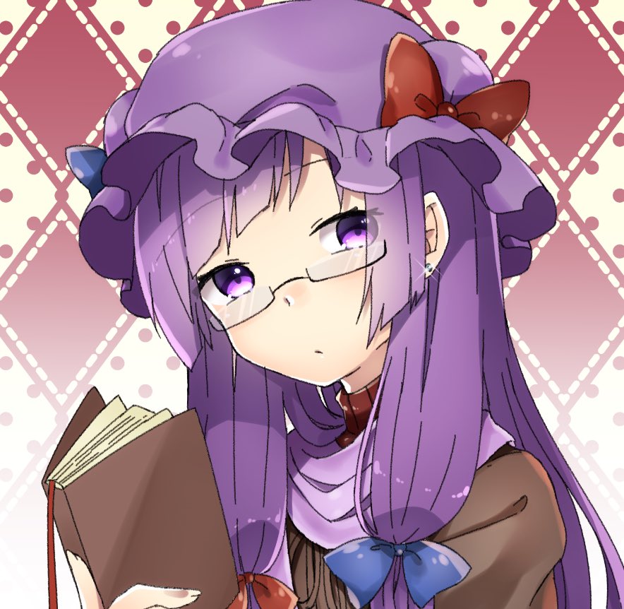 abe_suke argyle argyle_background bangs blue_bow book bow closed_mouth earrings eyebrows_visible_through_hair glasses hat hat_bow holding holding_book jewelry long_hair looking_at_viewer mob_cap patchouli_knowledge purple_eyes purple_hair purple_hat red_bow semi-rimless_eyewear sidelocks solo sparkle touhou under-rim_eyewear upper_body