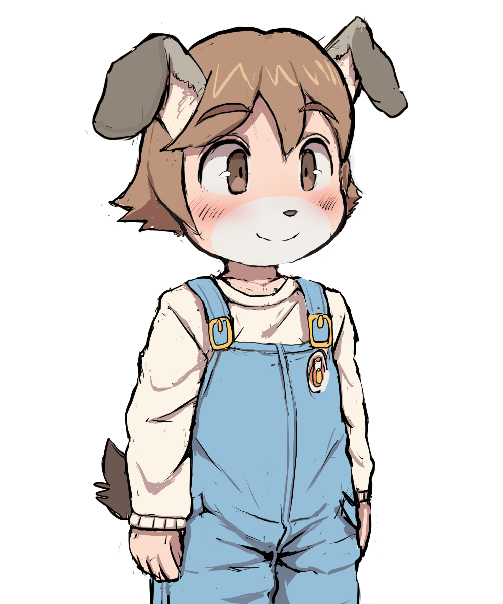 ambiguous_gender animal_humanoid big_eyes big_head blush brown_eyes brown_hair canine clothed clothing cub cute dagasi dog_humanoid front_view fully_clothed hair humanoid kemono legs_together mammal overalls portrait short_hair simple_background smile solo standing three-quarter_portrait white_background young