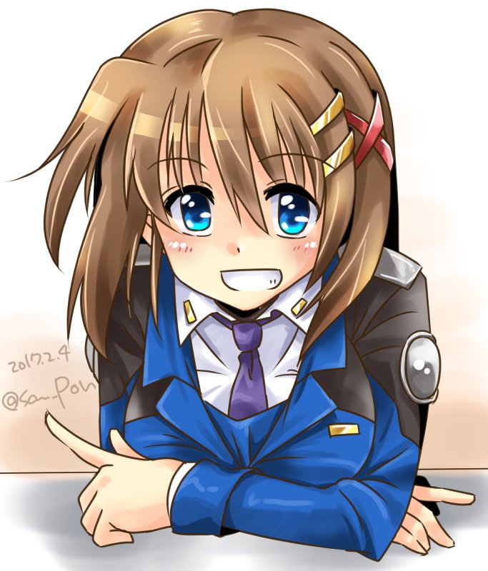 blue_eyes brown_hair commentary_request dated grin hair_between_eyes hair_ornament index_finger_raised looking_at_viewer lyrical_nanoha mahou_shoujo_lyrical_nanoha_strikers necktie purple_neckwear san-pon smile solo tsab_naval_military_uniform twitter_username x_hair_ornament yagami_hayate