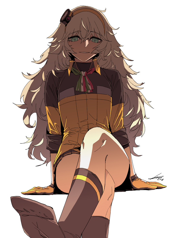 arm_support bangs bike_shorts black_gloves blonde_hair brown_legwear commentary crossed_legs eyebrows_visible_through_hair girls_frontline gloves green_eyes hair_between_eyes hair_ornament hairband italian_flag kneehighs long_hair looking_at_viewer messy_hair neckerchief no_shoes orange_hairband parted_lips pleated_skirt s.a.t.8_(girls_frontline) sidelocks signature simple_background sitting skirt sleeves_folded_up smile smirk solo sungwon thighs very_long_hair white_background