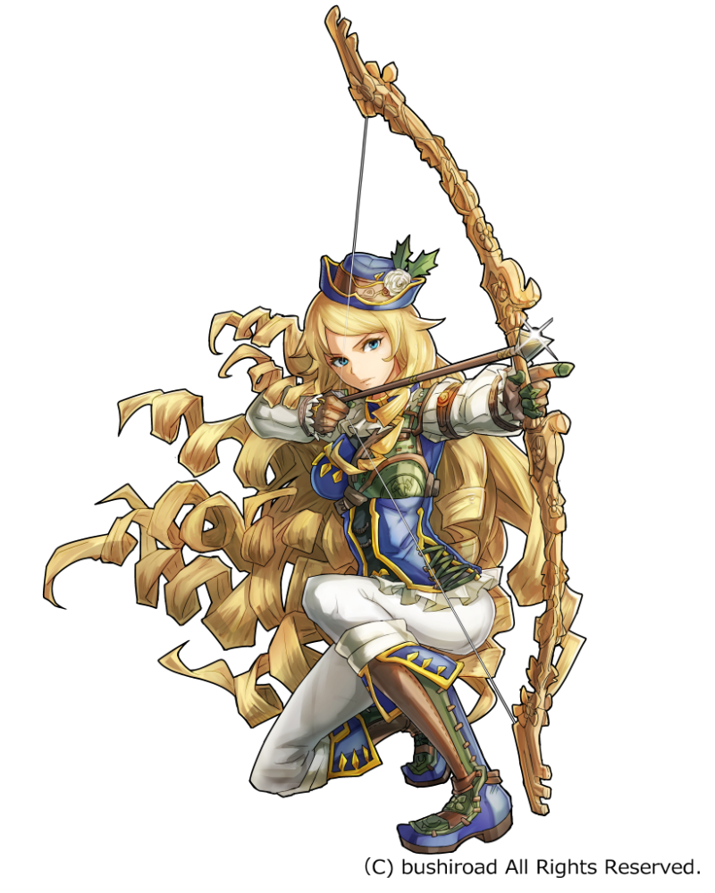 aiming blonde_hair blue_eyes boots bow_(weapon) character_request drawing_bow drill_hair geetgeet gloves granadia_saga hat holding holding_bow_(weapon) holding_weapon knee_boots long_hair official_art one_knee solo very_long_hair weapon white_background